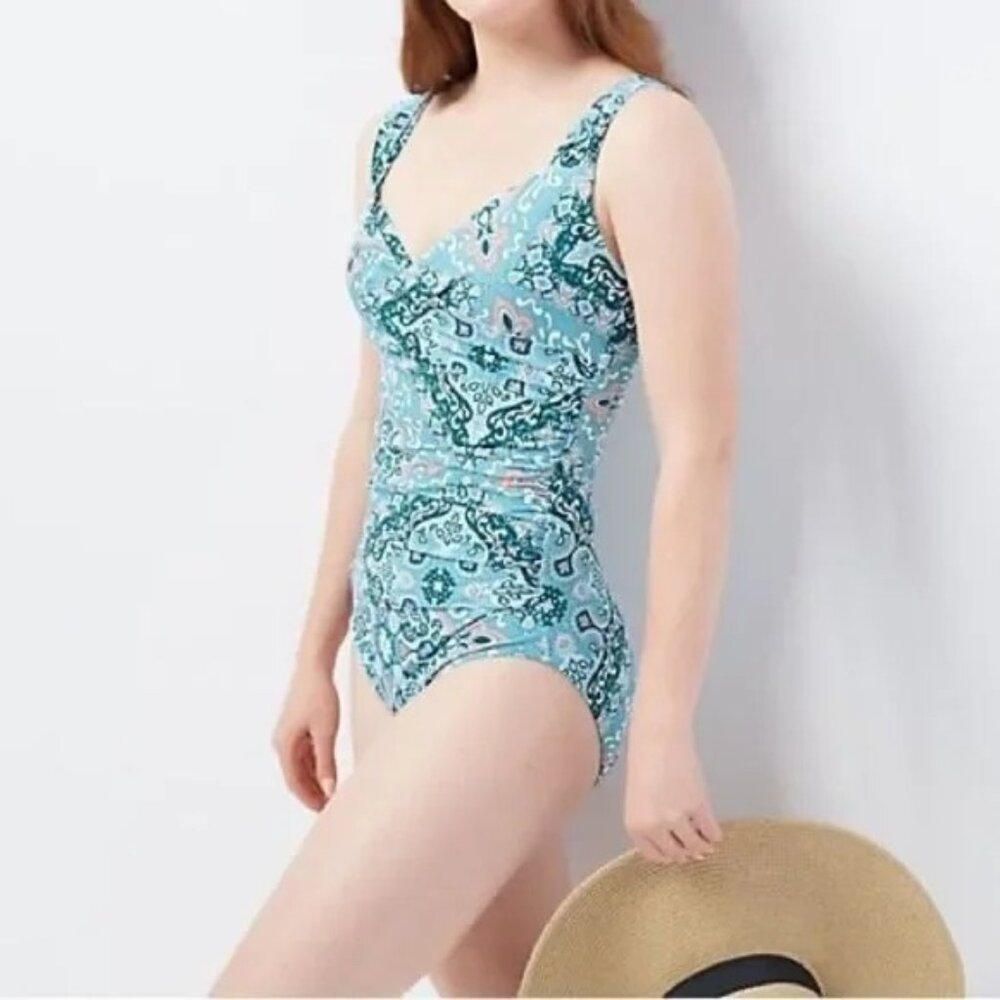 Jantzen Surplice Maillot One Piece Swimsuit Size 10 Blue Medallion Beachwear NEW